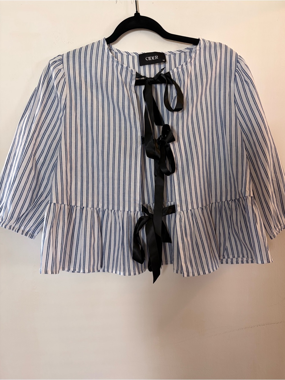 Cider White and Navy Blue Striped Ribbon Tie-Front Peplum Blouse Medium